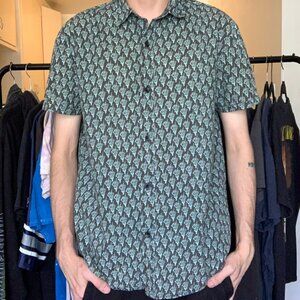 Devil’s Harvest Skeleton Middle Finger Button-Up Shirt – Black & Teal – Unisex S